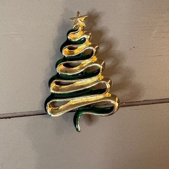 Vintage Gold & Green Christmas Tree Brooch - Picture 1 of 4
